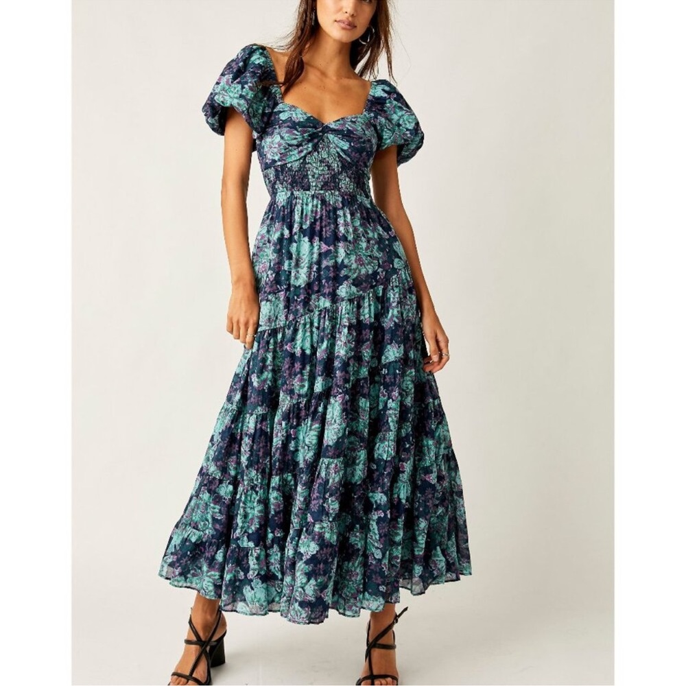NWT FREE PEOPLE Sundrenched Short Sleeve Maxi Dress / Emerald Combo Large
